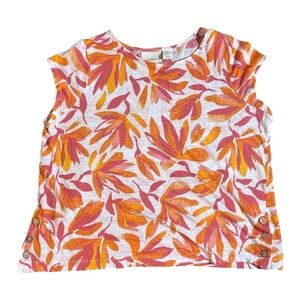 Cynthia Rowley 100% Linen Pink + Orange Painted Flowers on White Size Large